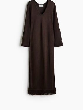 H&M Brown Maxi Dress with V-Neck and Fringe Hem Kaftan